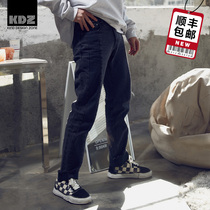 KDZ stitching two-color washing straight tube slim jeans mens 2021 summer new fashion trend foot wool edge trousers