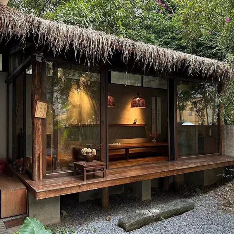 Farmhouse-Style Outdoor Wooden Hut with Thatched Roof, Rural Courtyard, Anti-Corrosion Wood, Zen-Inspired Landscape Pavilion, Outdoor Garden Wooden House