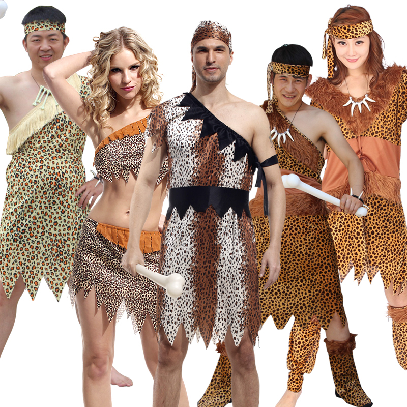 Halloween Savage Performance Costumes Couple Outfits Men and Women Indigenous African Primitive Indian Leopard Print Suit