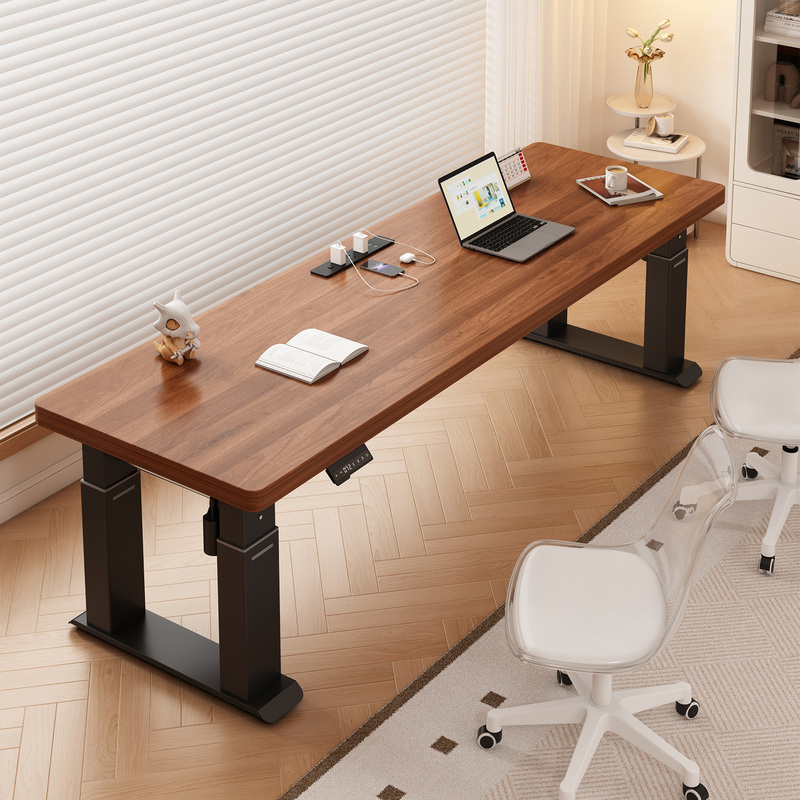 Solid Wood Dual-Motor Electric Smart Adjustable Height Computer Desk Workstation with Four Vertical Columns and Four Horizontal Beams for Home Study