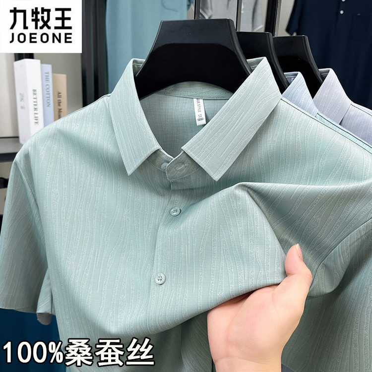 Jiumuwang Men's Business Style Short-Sleeve Shirt 100% Mulberry Silk Breathable Non-Iron Striped Shirt 2026 Summer New Style Jiumuwang Men's Business Style Short-Sleeve Shirt 100% Mulberry Silk Breathable Non-Iron Striped Shirt 2026 Summer New Style