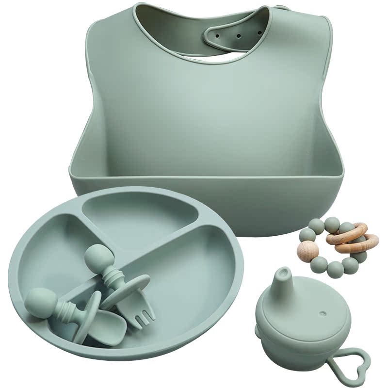 SBS001One&Size6 pcs   Gift   Set   BPA   Free   Food   Grade   Baby   Silicone   Bib   Fork   Spo