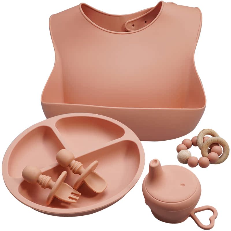SBS004One&Size6 pcs   Gift   Set   BPA   Free   Food   Grade   Baby   Silicone   Bib   Fork   Spo