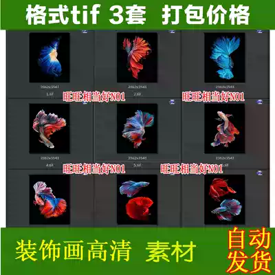 New Chinese simple color modern fashion Crystal porcelain painting red and blue betta goldfish decorative painting material triple hanging painting