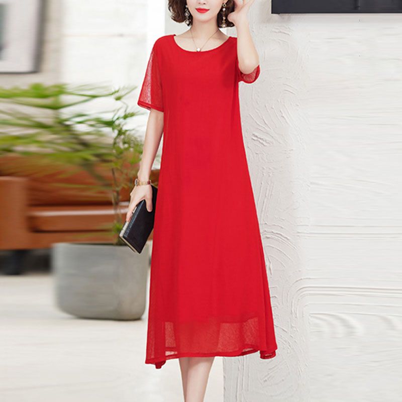 Red Chiffon Dress for Women, 2024 New Summer Fashion, Stylish, Slimming, Mid-Length, Trendy Mother's Wear Red Chiffon Dress for Women, 2024 New Summer Fashion, Stylish, Slimming, Mid-Length, Trendy Mother's Wear