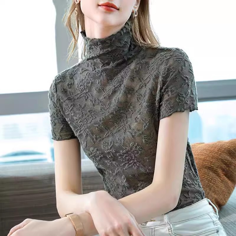 High-Neck Lace Spring and Autumn New Style Inner Short T-Shirt French Retro European Style Top Base Layer Health Ring