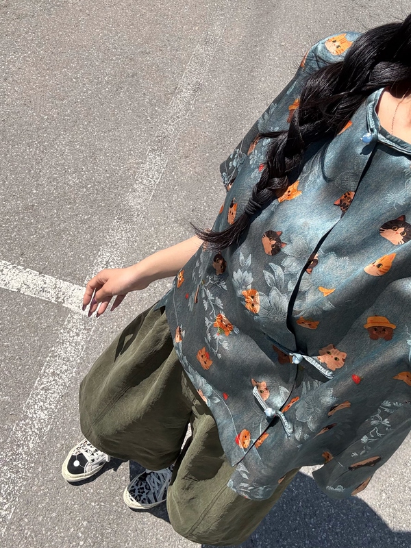 【Denim Cat Short Sleeve】New Chinese Style Summer Age-Reducing Top 100% Mulberry Silk Red Cloud Yarn Floral Pattern