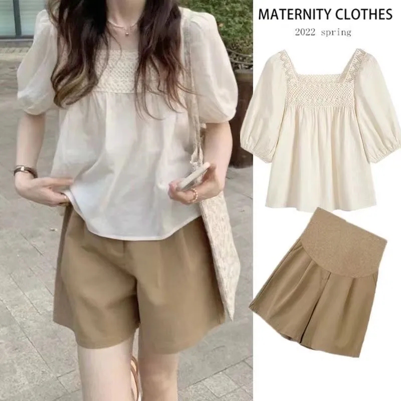 Maternity Tops, Maternity Shorts, Khaki Summer Short-Sleeved Loose Korean Style Pure Cotton Small Fragrance Maternity Wear Two-Piece Set