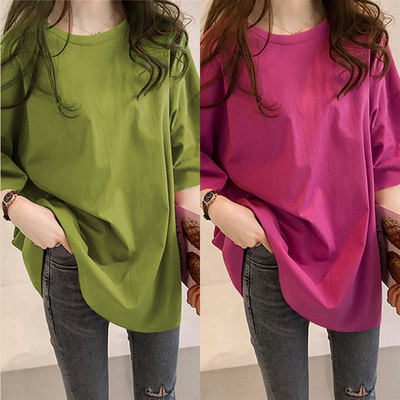 【2件】纯色短袖t恤休闲宽松2021新款港风女士上衣学生女装夏装潮