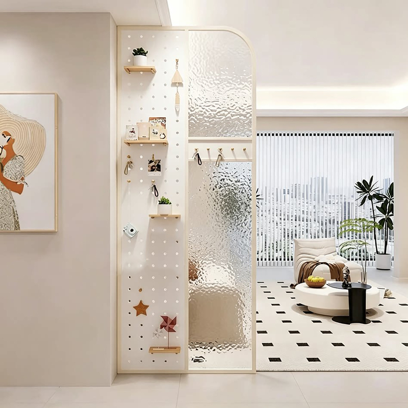 Changhong Glass Perforated Board Screen for Living Room Entrance Foyer, Modern Cream-Style Partition Wall with Storage Shelves Changhong Glass Perforated Board Screen for Living Room Entrance Foyer, Modern Cream-Style Partition Wall with Storage Shelves