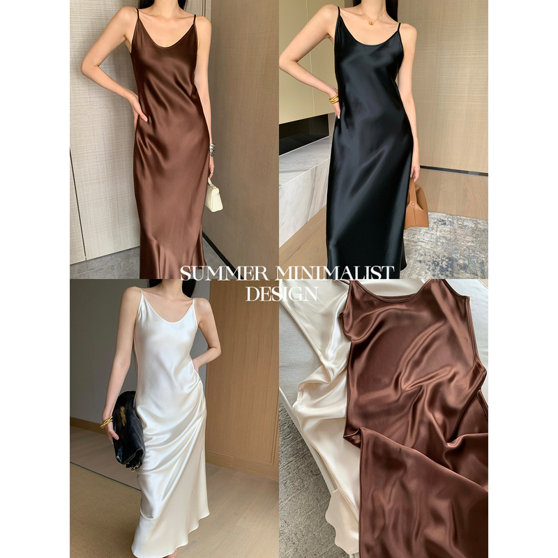 Zhou Miao Zhoumiao French-Style Large U-Neck Bias-Cut Acetate Satin Slip Dress for Women, Waist-Cinching, Elegant Long Dress