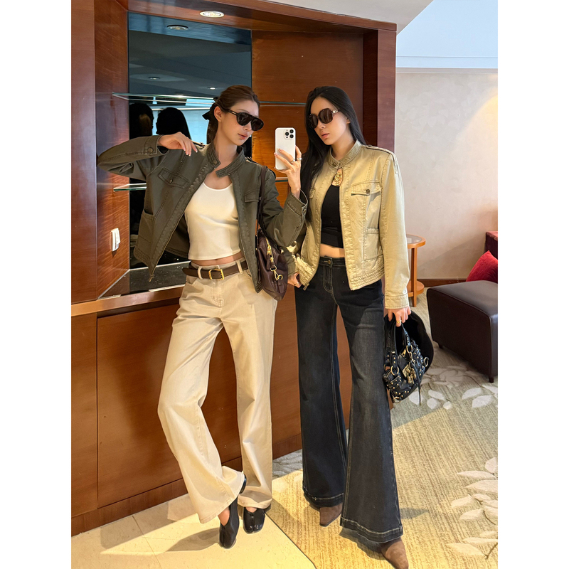 Zhou Miao Zhoumiao【American Vtg】Vintage-Style Distressed Motorcycle Short Jacket for Women with Stand Collar Workwear Jacket