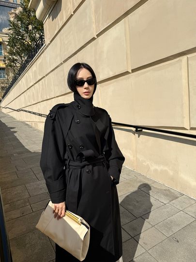 周淼ZHOUMIAO巴黎旧梦经典廓形大翻领双排扣中长款气质风衣外套女