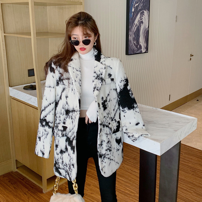 Sandro Moscoloni tie-dye suit jacket women's autumn and winter Korean version of the fried street net red small suit mid-length version