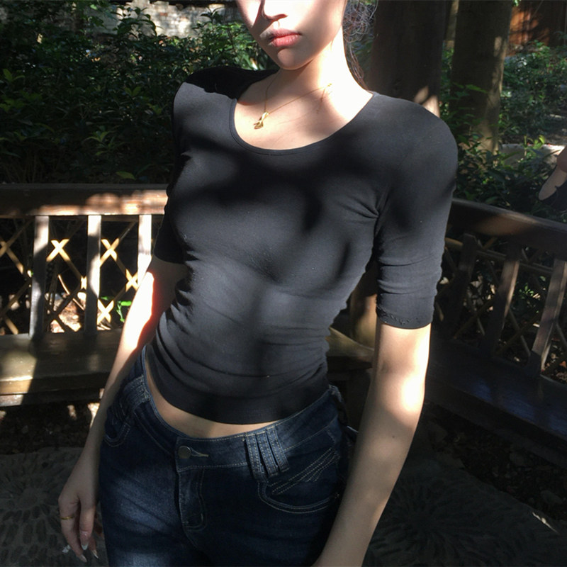 简约u领短袖正肩五分袖T恤女2026新款潮时尚夏季辣妹修身中袖上衣