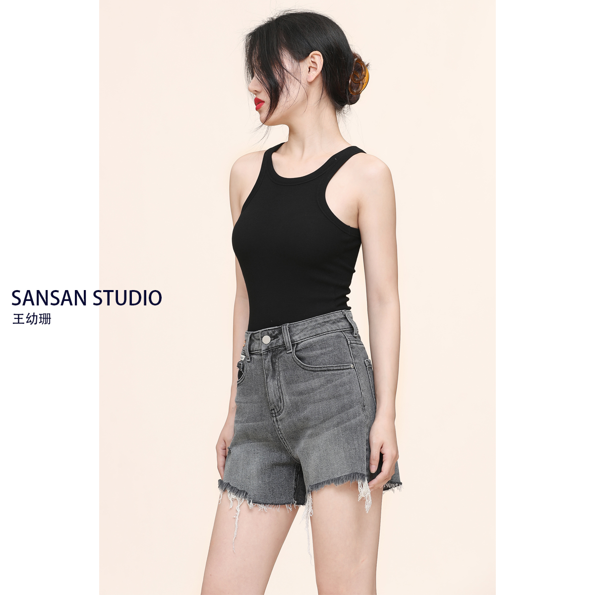 Wang Yushan Smoke Gray High Waist Jean Shorts Women's Summer Net Red Little thin legs A-word hot pants