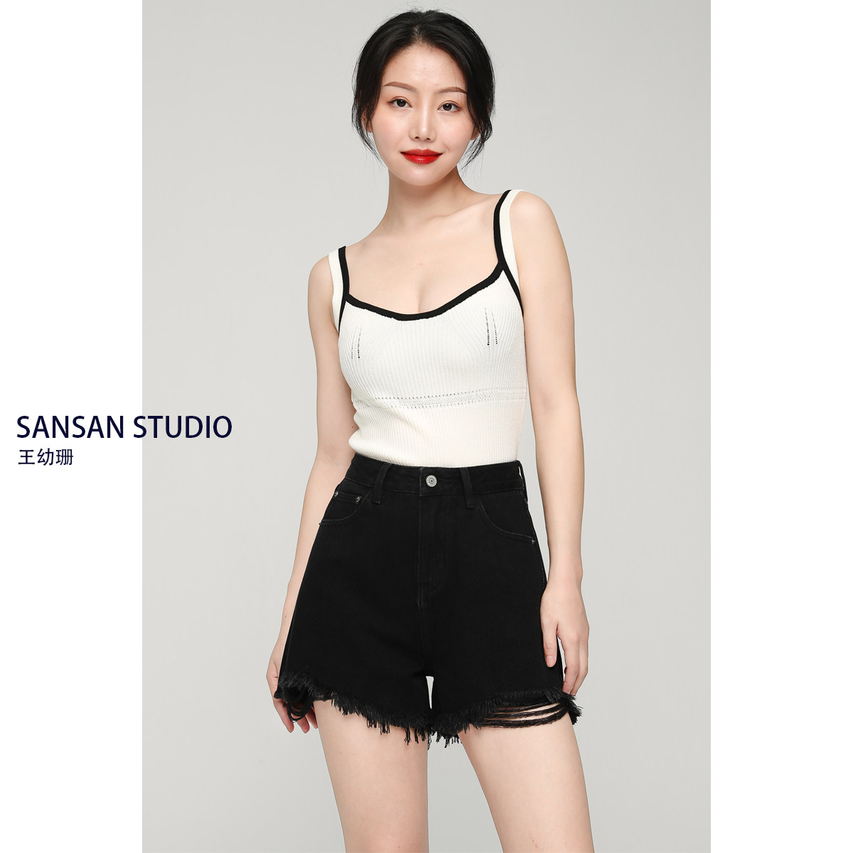Wang Youshan black denim shorts women's high waist 2022 summer new loose thin section slim wide leg a word hot pants