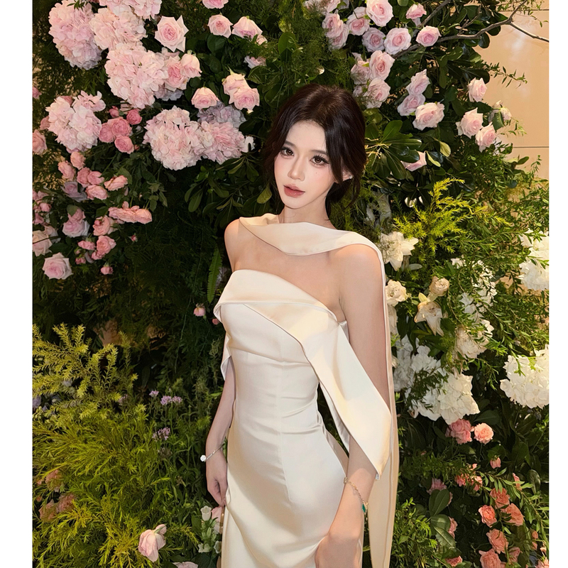 Pz【Ice Jade White Tea】Light and Pure Off-The-Shoulder Strapless Birthday Dress with Satin Ribbon and Light Formal Dress Pz【Ice Jade White Tea】Light and Pure Off-The-Shoulder Strapless Birthday Dress with Satin Ribbon and Light Formal Dress
