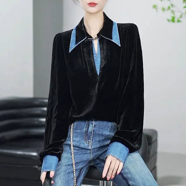 2024 Spring and Autumn New Denim Splicing Fake Two-Piece POLO Collar Shirt Design Covering Flesh and Slimming Velvet Shirt for Women
