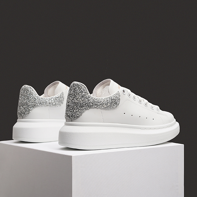 Silver Duke Mcqueen White Sneakers 2025 New Genuine Leather Thick-Soled Casual Flat Shoes with Hidden Height Increase Mcqueen Women's Shoes