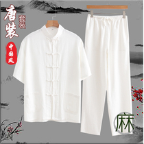 Middle-aged and elderly men Tang suit dad short sleeve Chinese style summer cotton linen set thin white Chinese grandfather half sleeve
