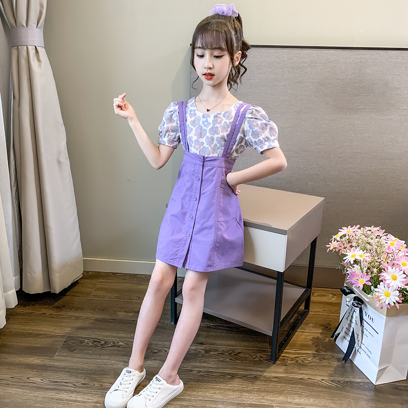 Girls holding baby bag skirt suit 2021 new Western style children's middle and large children's 12-year-old two-piece set net red summer dress