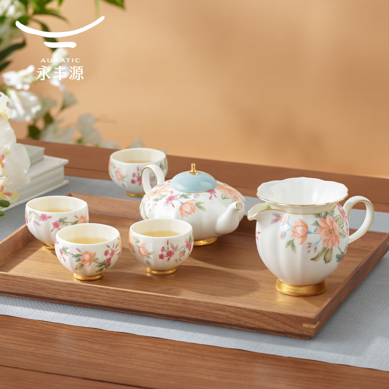 Yongfengyuan Tianqing Era 8-Piece Tea Set Ceramic Teacups and Teapot Set High-End Light Luxury Gift