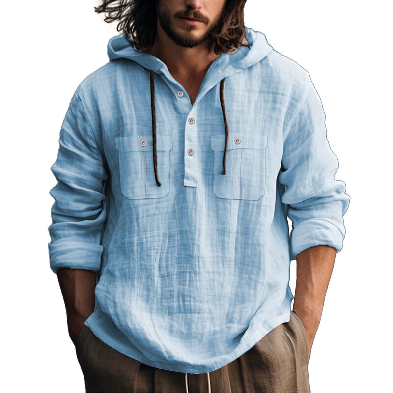 Cross-Border European and American 2026 Spring and Summer New Hooded Long-Sleeved Sweatshirt Cotton and Linen Loose Solid Color Trendy Casual Men's Shirt