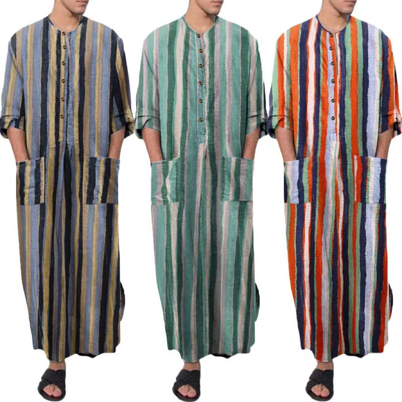 Robe2026 Spring and Summer New Style Loose Stand-Up Collar Striped Long-Sleeved Long Robe Men's One-Piece Outer Wear Long Shirt