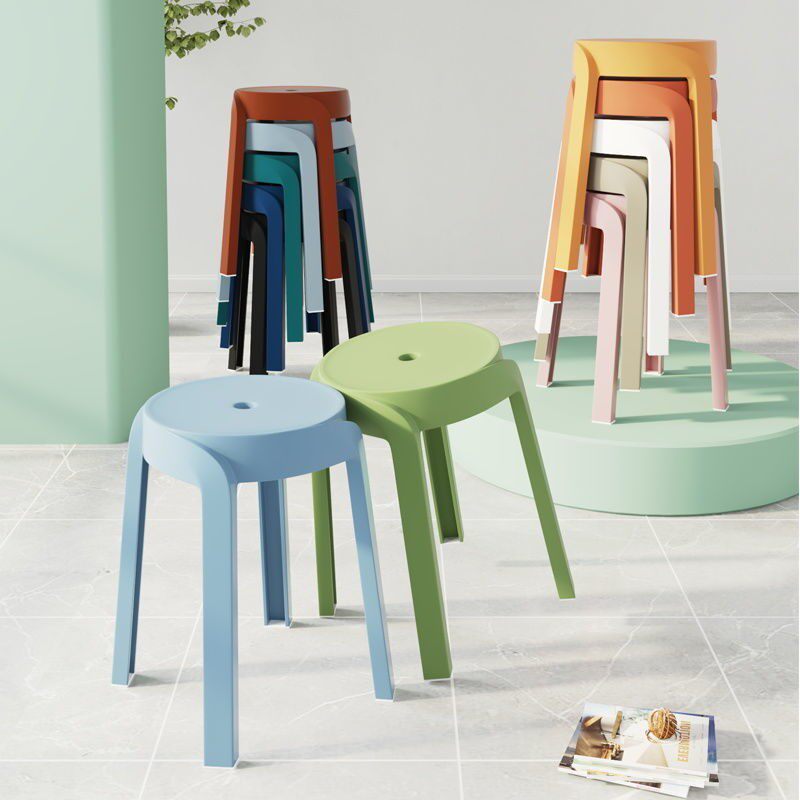 Plastic stool home adult thickened round stool modern minimalist Nordic dining stool can be screwed stackable bench storage net red stool