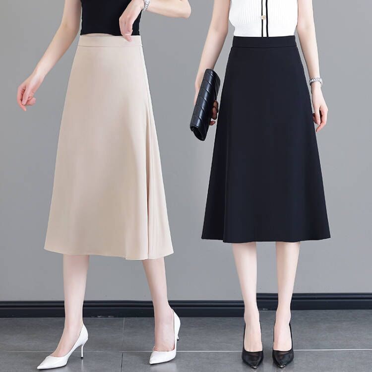 Women's Summer Thin Flared Skirt 2024 New High-Waisted A-Line Umbrella Skirt Professional Black Long Skirt Plus Size