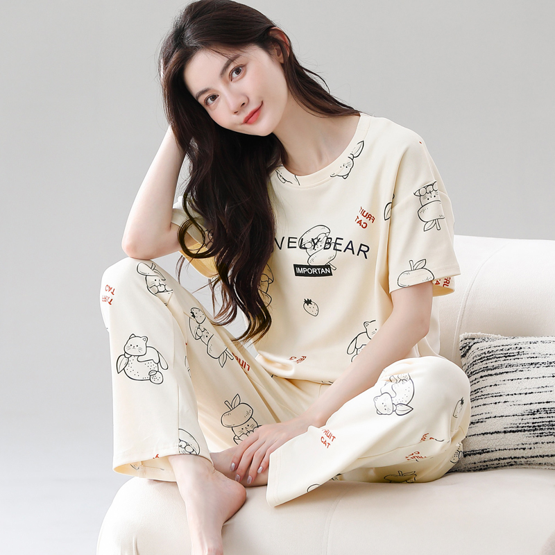 100% Pure Cotton Pajamas for Women, Summer Thin Short-Sleeved Long Pants, Loose Casual Cotton Home Wear, Can Be Worn Outside, Set