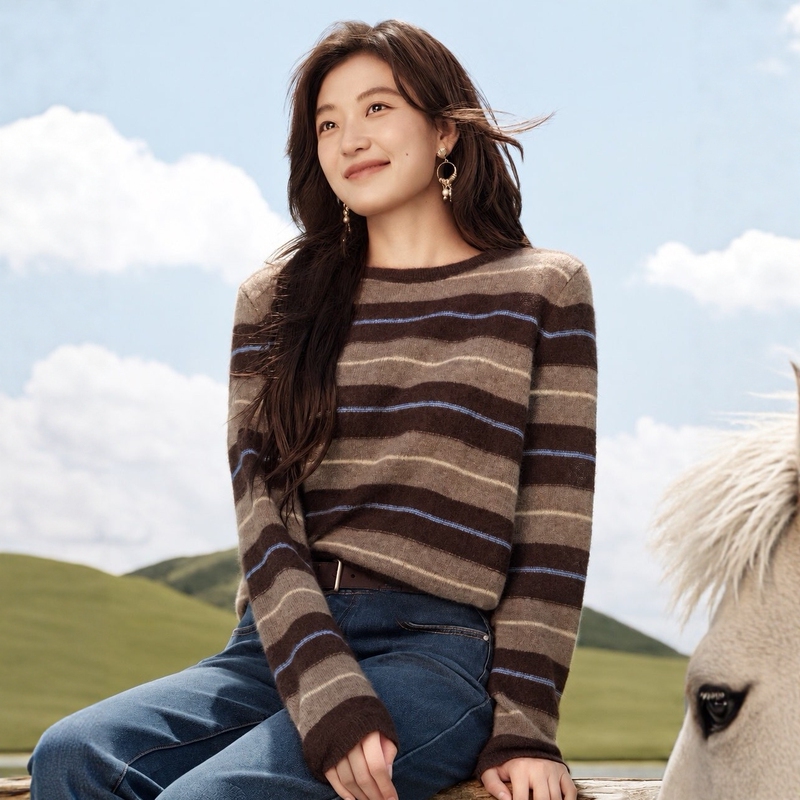 Mm Mall Same Style Cashmere Striped Sweater for Women 26 Autumn Round Neck Retro Commuter Style Knitwear Jeans 334411
