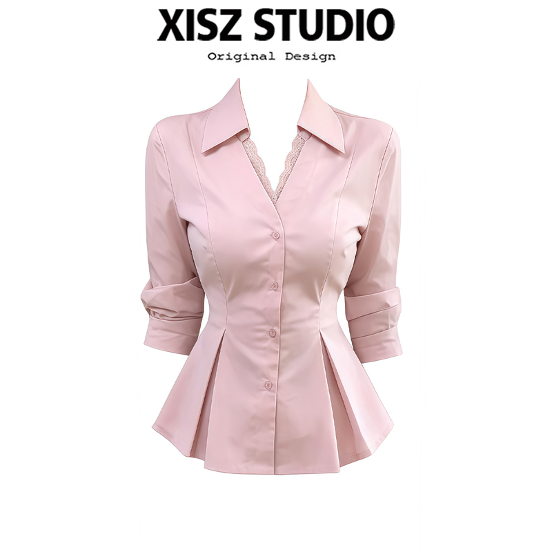 Pink Polo Collar Shirt for Women, New Summer Style, Lace Splicing, Versatile, Waist-Cinching, Slimming, Elegant Outfit Top