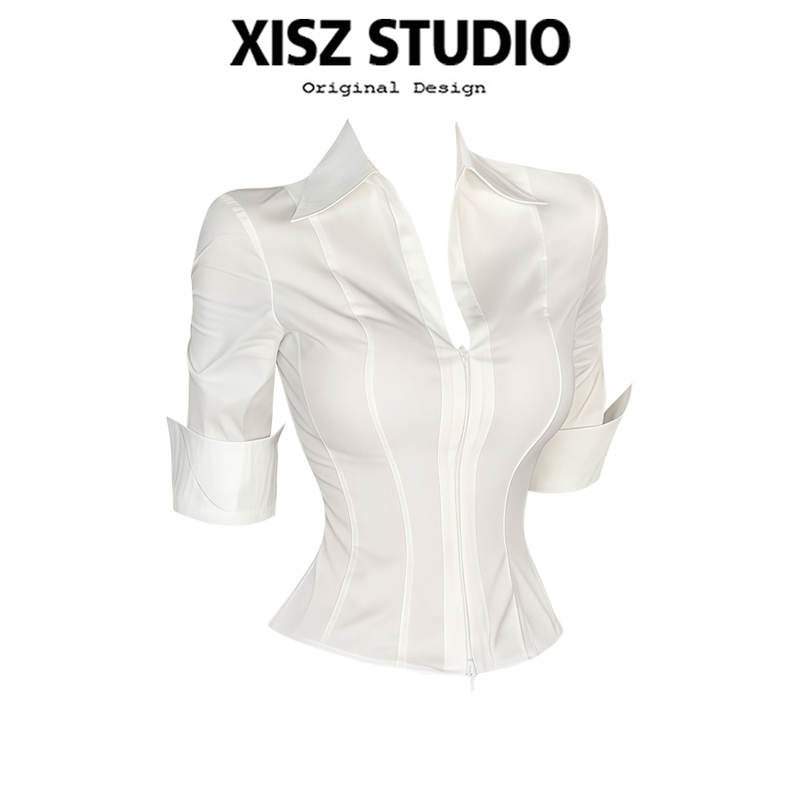 Trendy and Sexy Women's Shirt with a Turn-Down Collar, Three-Quarter Sleeves, Waist-Cinching Design, Suitable for Spring and Summer, Fashionable and Figure-Flattering