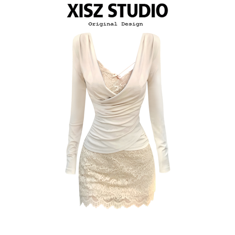 Pure Desire Style Irregular Lace Dress for Women, Autumn and Winter Sexy Waist-Cinching Hip-Hugging Dress with Cross V-Neck Top Two-Piece Set
