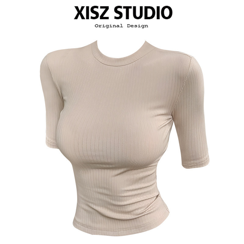 American-Style Spicy Girl Round Neck Mid-Sleeve Solid Color T-Shirt for Women, Summer Inner Layer Base Shirt, Basic Slim-Fit Sexy Top, Trendy