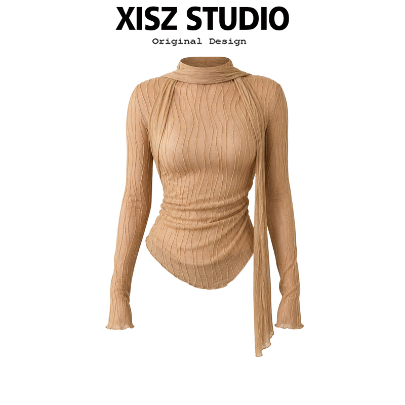 Elegant Lace Texture Long-Sleeve T-Shirt for Women, New Autumn Style, High-Neck with Ribbon, Slim-Fit, Waist-Cinching, Vintage Mori-Style Top