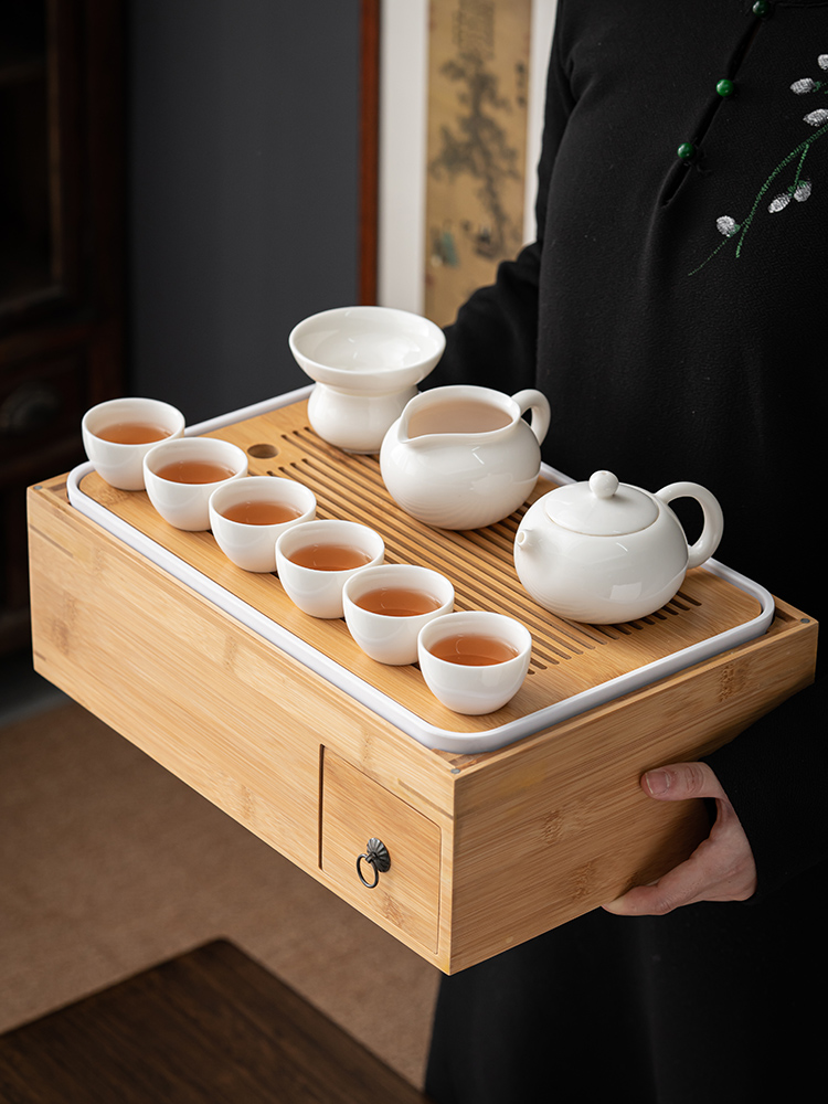 Kung Fu tea set set household ceramic teapot tea cup Japanese dry bubble water storage tea tray multifunctional bamboo storage box