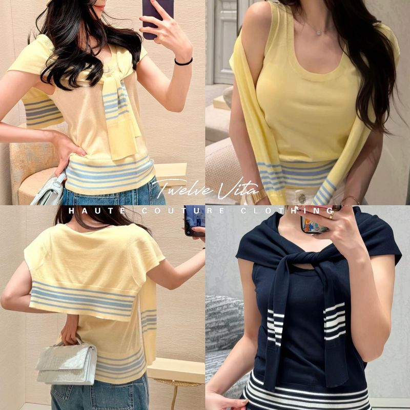 Twelve Vita Nautical Vacation Series 26Ss Navy Collar Shawl Fake Two-Piece Knitted Vest Top for Women