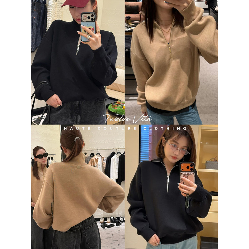Twelve Vitat Relaxed and Lazy Style 26A Jennie Same Style Half-Zip Loose Knit Stand-Up Collar Sweater for Women