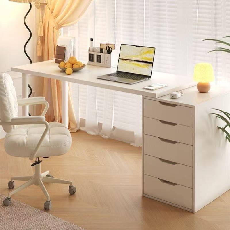 Living Room and Bedroom Single/Double Rectangular Desk with Drawers for Office, Study, Computer, and Makeup, Modern Minimalist White Style