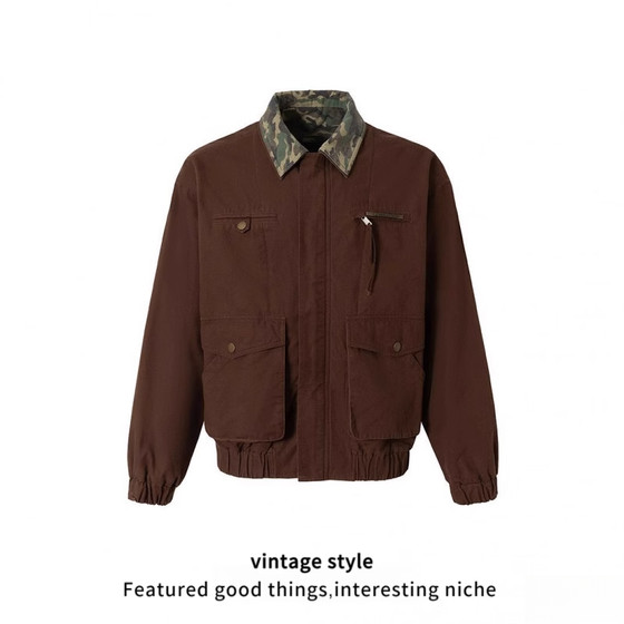 
New autumn American retro camouflage collar splicing functional tool jacket trendy casual loose collar
