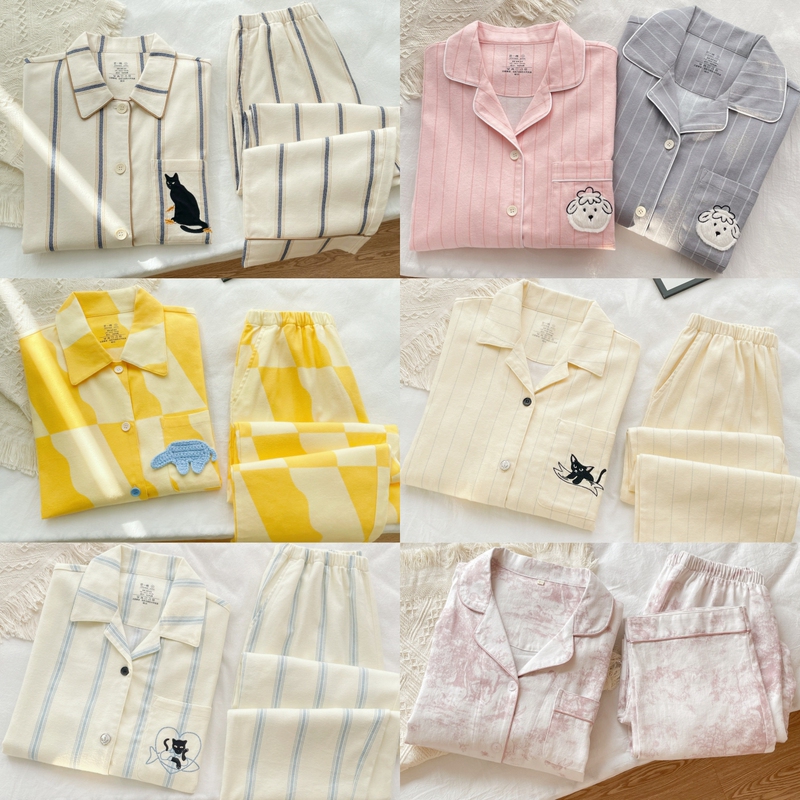 Craftsman-Grade a Brushed Pure Cotton Pajamas Loungewear Long-Sleeve Long-Pants Set 100% Cotton Autumn and Winter Couple Unisex