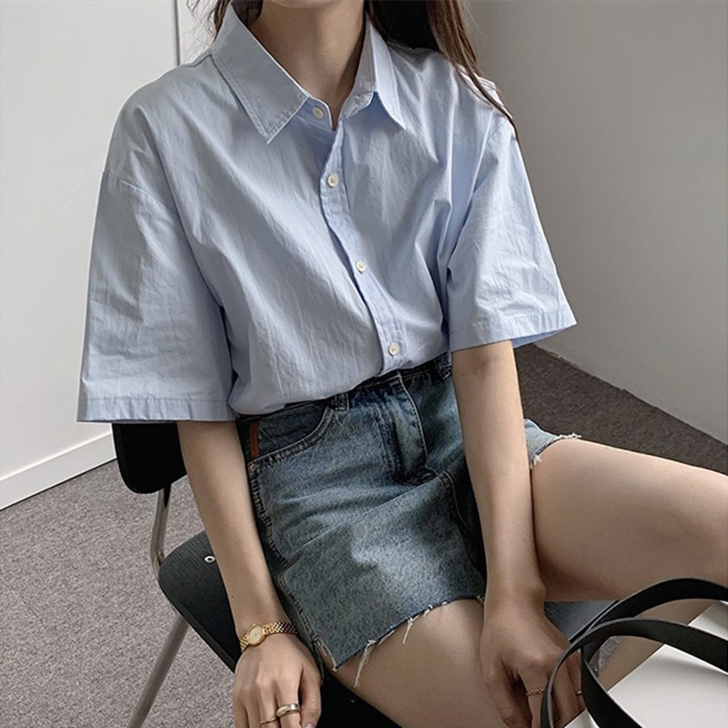 Summer New Loose-Fitting Versatile Blue Short-Sleeved Shirt for Women, Pure Cotton Basic Shirt, Korean Style Design, Niche Top