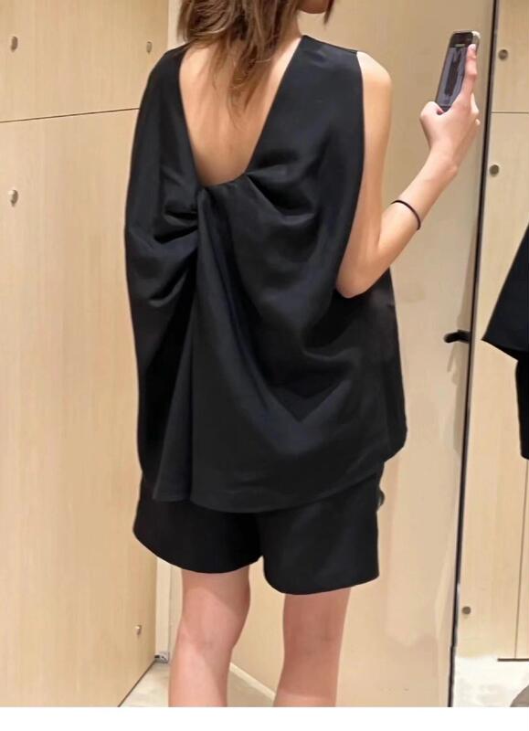 Fashionable and Exquisite Backless Bow Design Sleeveless Shirt, New Summer Slimming Round Neck Solid Color Tank Top