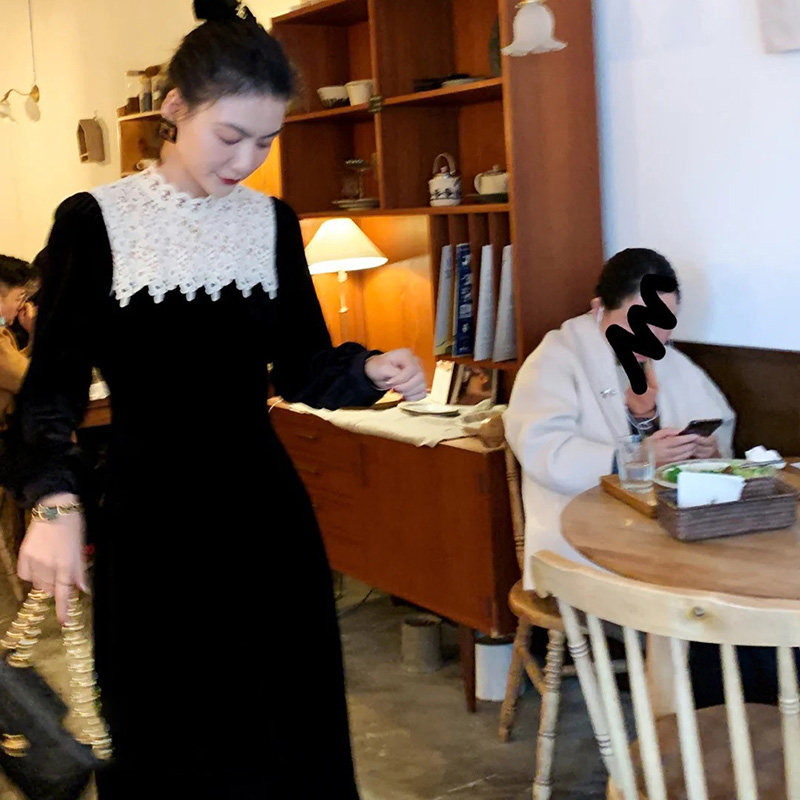 Hepburn wind velvet dress women 2020 new autumn winter with bottom waist slim medium long black skirt