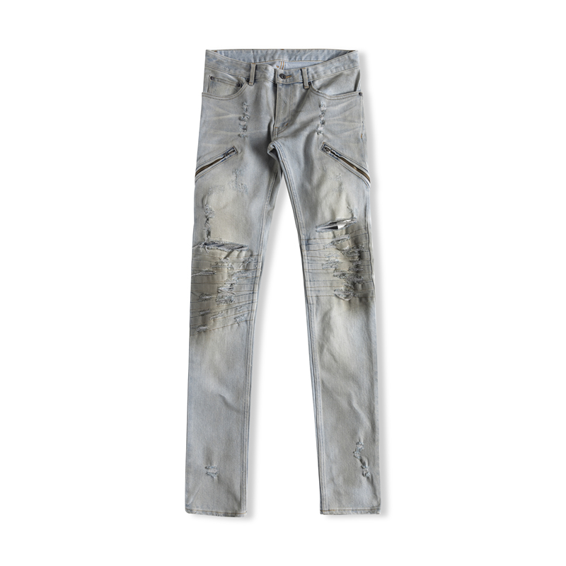 Torn Paradise Tear Lgb Blue Distressed Heavy-Duty Zipper Patchwork Denim Low-Rise Skinny Pants