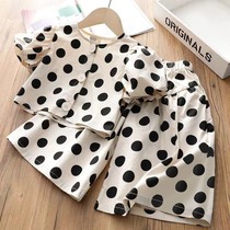 Costume dété à pois pour filles style français chemise à manches bouffantes jupe trois-quarts à jambes larges pour enfants de taille moyenne et grande nouvelle collection