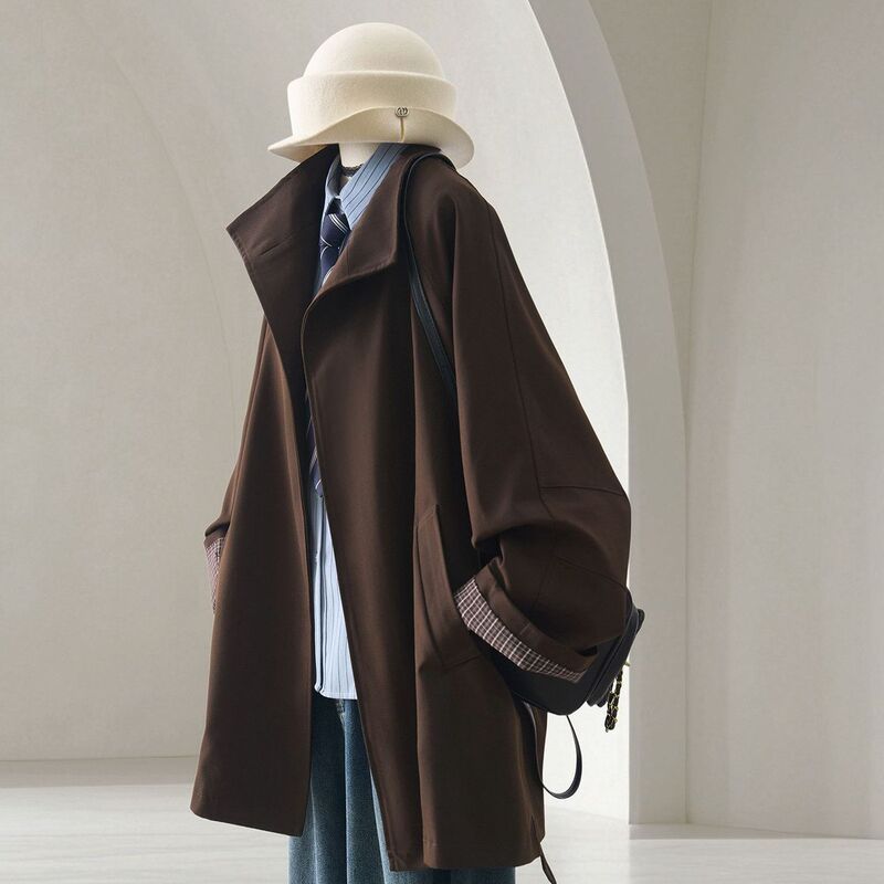 Mid-Length Dark Brown Loose-Fitting Casual Trench Coat for Women, Autumn Vintage Hong Kong Style, High-End, Slimming and Figure-Flattering Jacket Mid-Length Dark Brown Loose-Fitting Casual Trench Coat for Women, Autumn Vintage Hong Kong Style, High-End, Slimming and Figure-Flattering Jacket